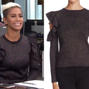 Sunset &‎ Spring black metallic ruffle shoulder sweater glitter sz M preppy chic